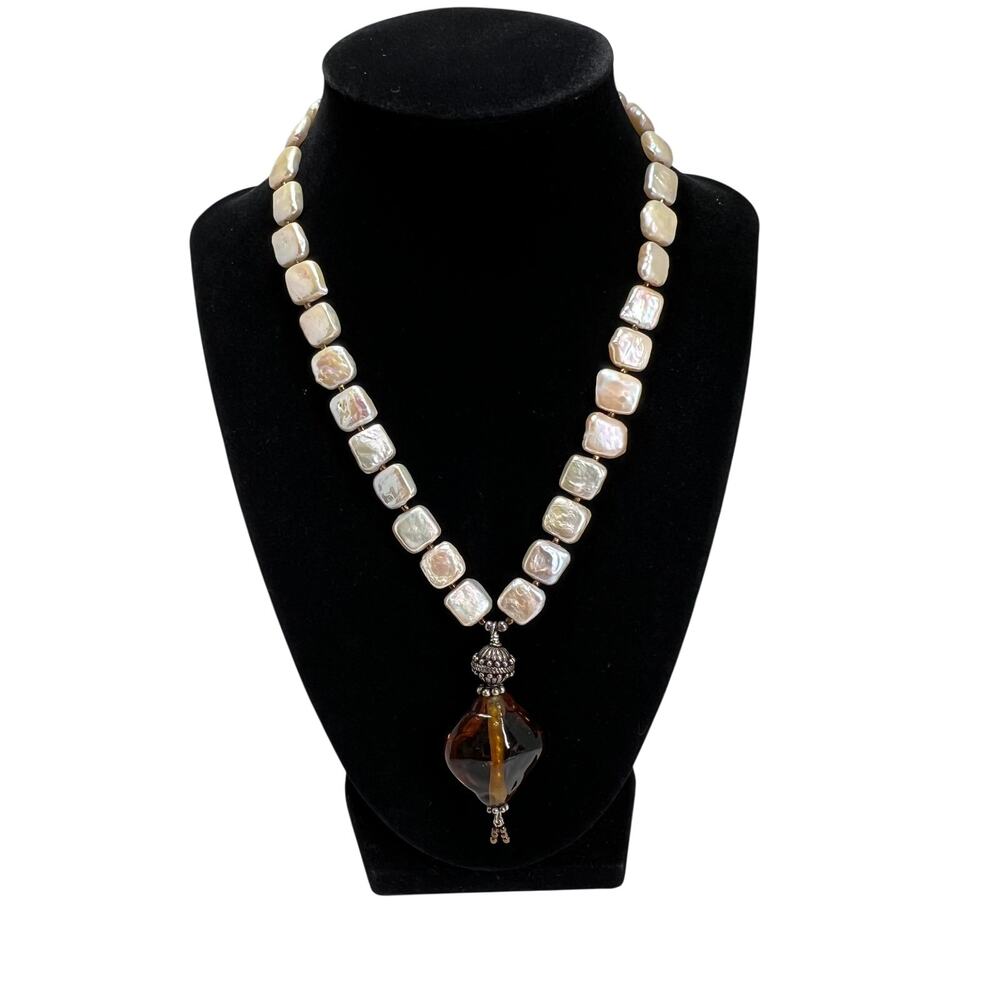Baroque Pearl Statement Necklace Cream Pearls Brown Pendant Costume Jewelry